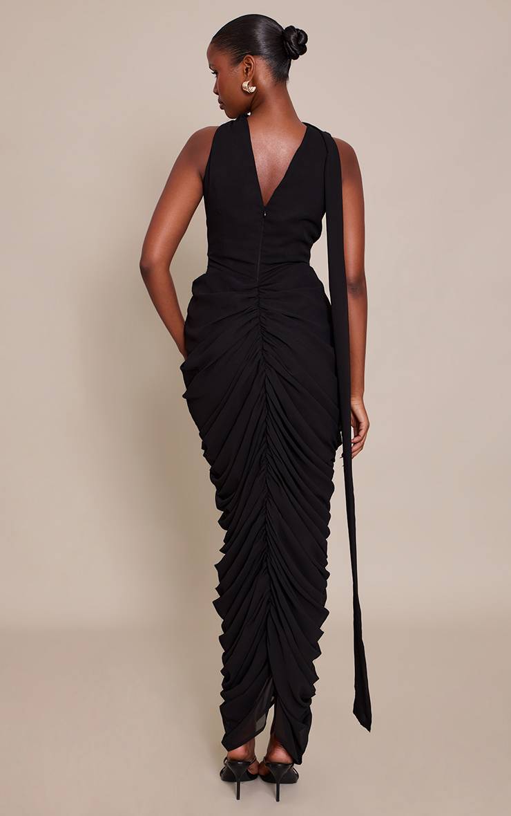 Noir Robe Longue Froncée En Mousseline Avec Détail Foulard