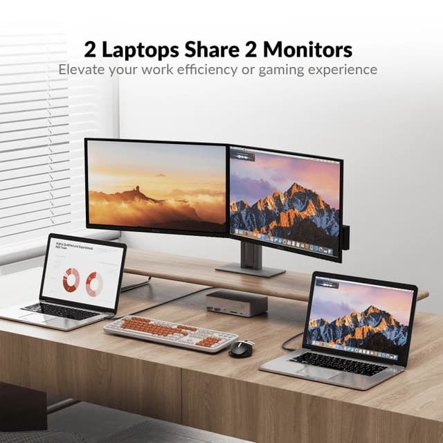 AV Access-dockingstation og KVM-switch 2 til 2 USB-C til HDMI, 4K60Hz, 6x USB-A, 1x USB-C PD 100W, 1x 3,5 mm AUX, 1x SD-kortlæser, 2x60W PD