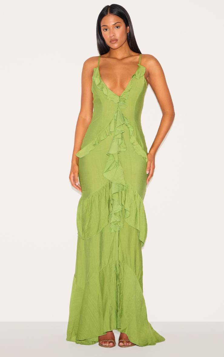 Vert Olive Robe Maxi Texturée À Volants Pour Grande Taille
