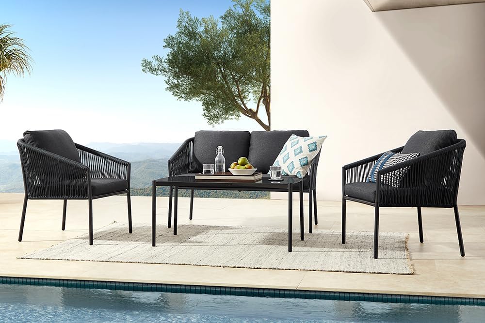 Riess Ambiente Outdoor Garten-Sitzgruppe AIRE Rope anthrazit wetterfest inkl. Tisch und Kissen