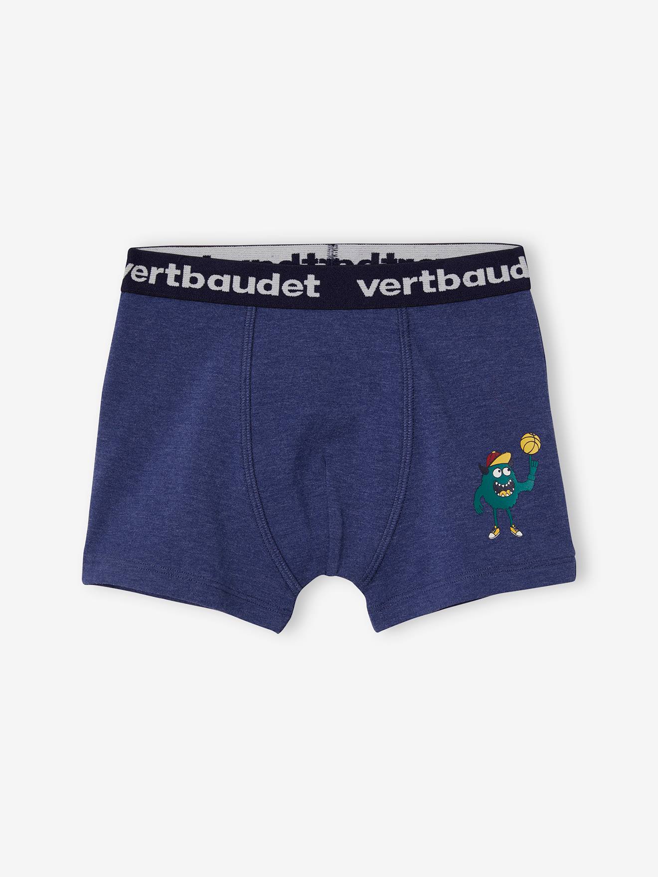 Pacote com 5 cuecas boxer elásticas com estampa de monstros para meninos, lisas, azul-escuras com detalhes.