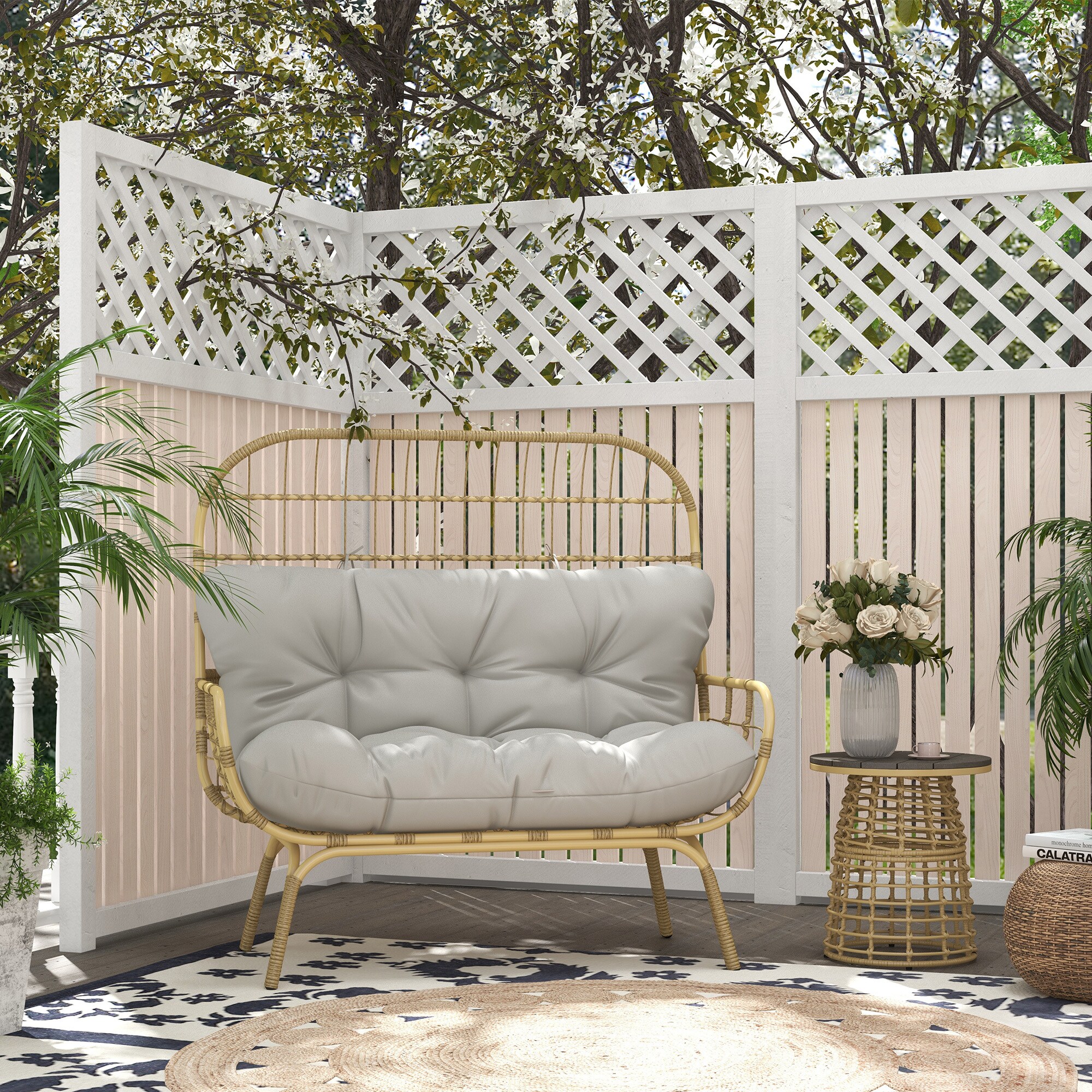 Outsunny 2er Gartenbank mit hoher Rückenlehne und Polsterkissen grau 126L x 72B x 126Hcm