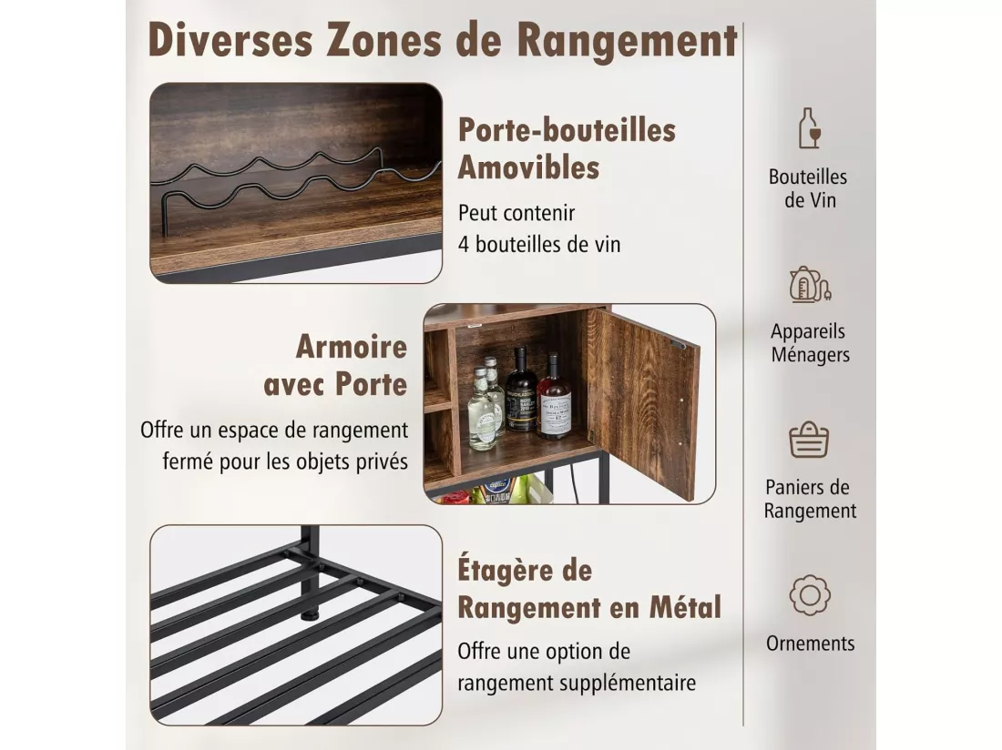 Buffet cuisine, meuble avec cassier à vin & étagères de rangement (brun rustique)