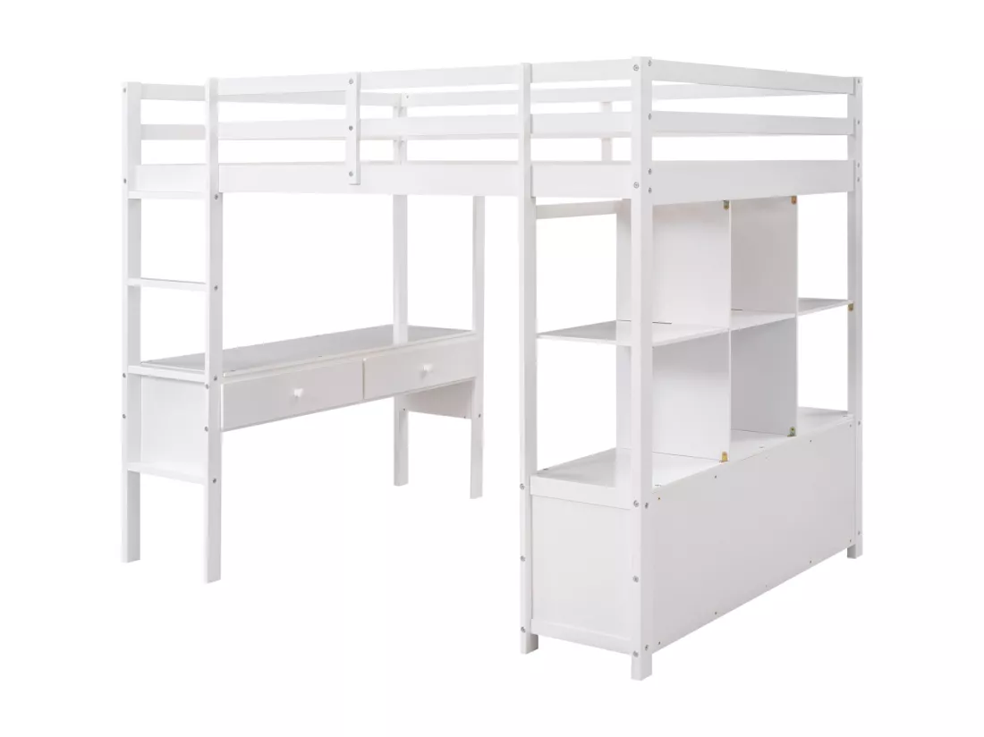 Lit mezzanine 140x200cm pour enfant - lit surélevé avec tiroirs de rangement, bureau et bibliothèque de rangement sous le lit - blanc