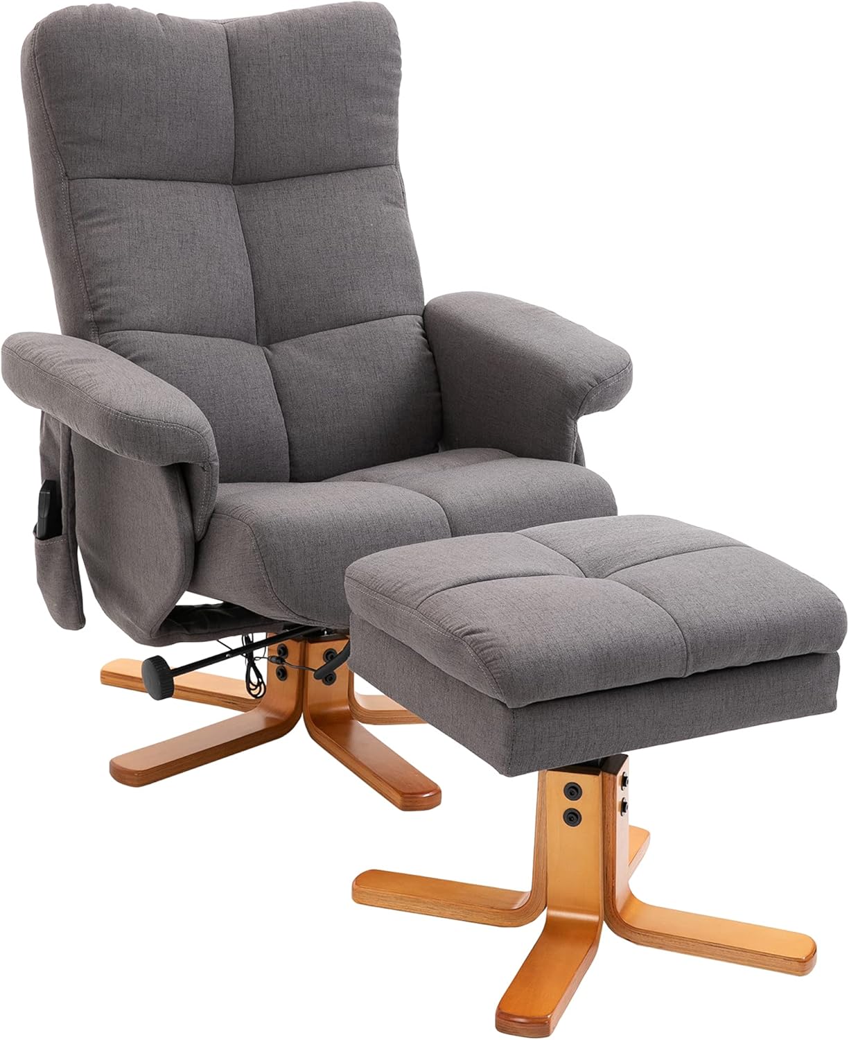 HOMCOM Relaxsessel mit Hocker, 360°drehbarer Fernsehsessel mit Massage, Liegefunktion, Massagesessel mit Seitentasche, TV-Sessel, Polyester für Wohnzimmer Dunkelgrau