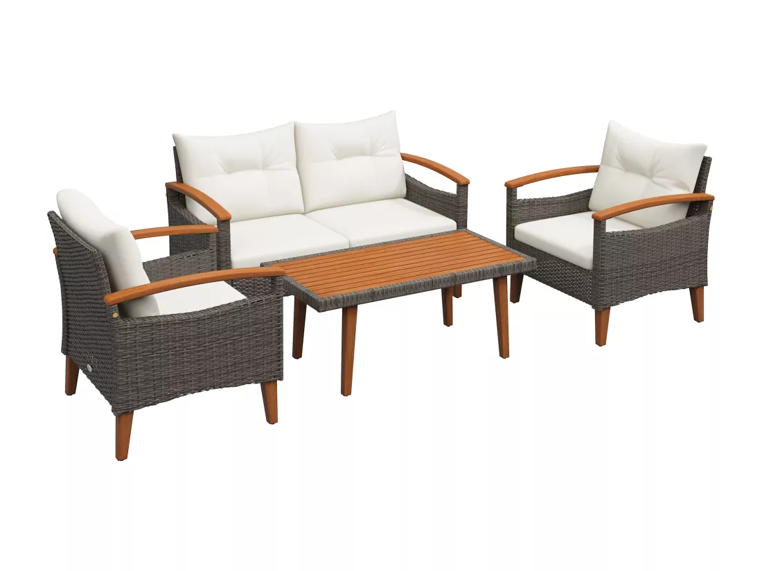 Ensemble salon de jardin 4 places 4 pcs style exotique coussins inclus résine bois acacia