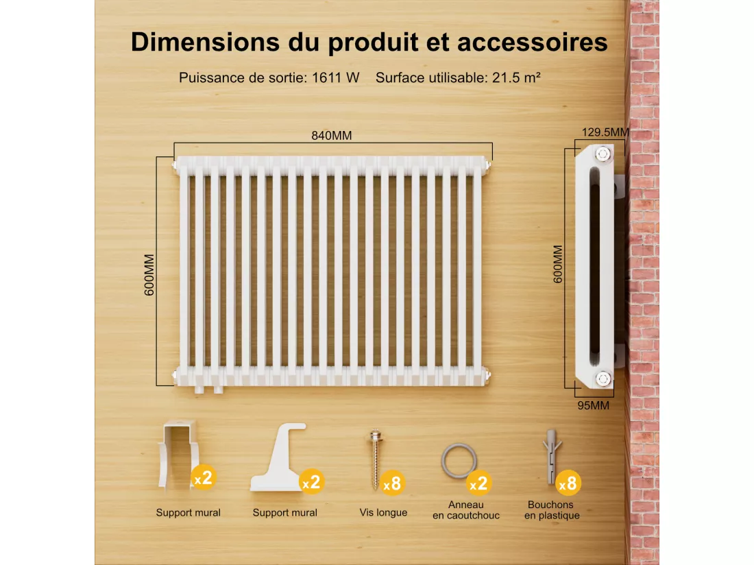 EMKE Radiateur eau chaude horizontal en acier H.60 × L.84 cm 1383 W Le design Chauffage central blanc