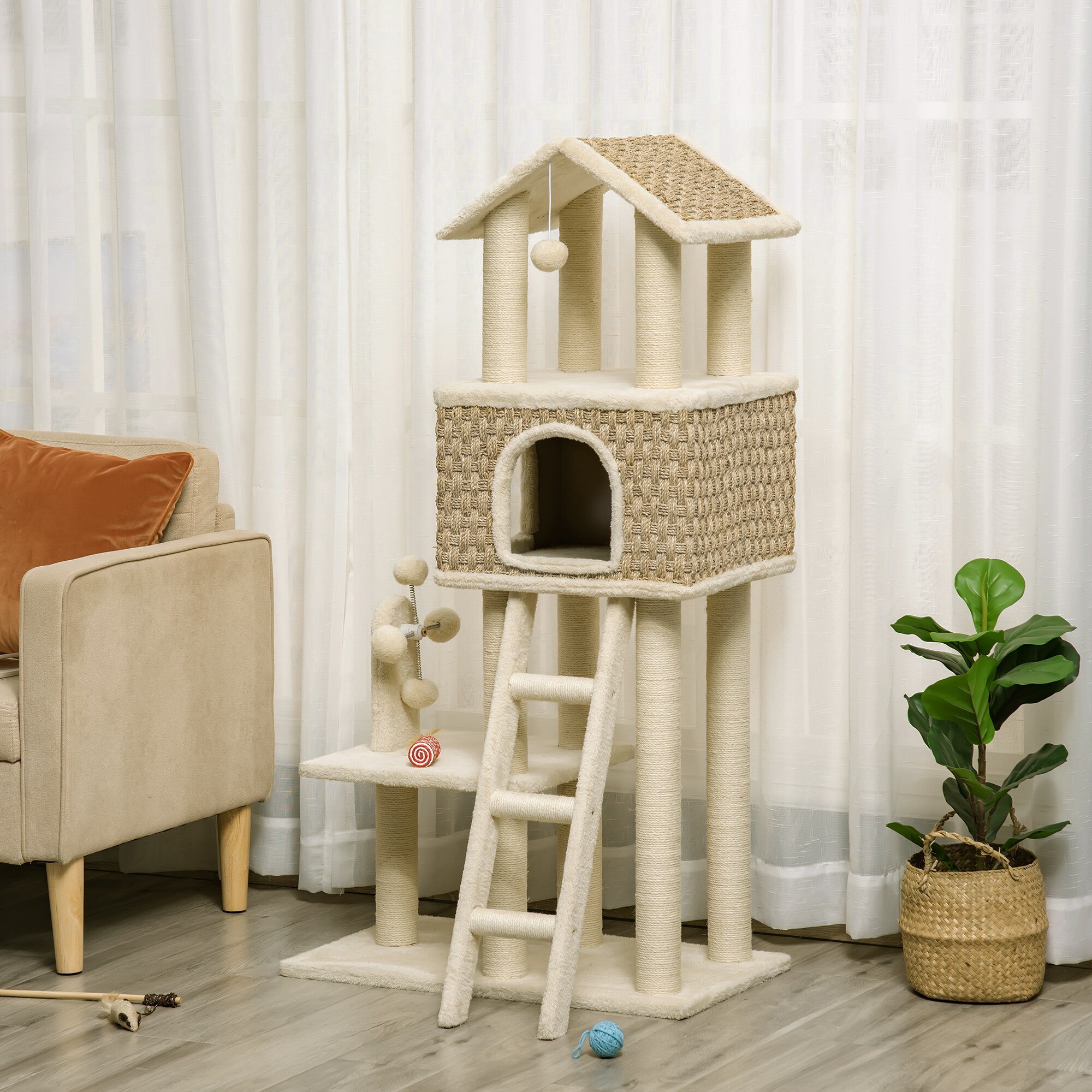 PawHut Kratzbaum mit Spielbälle natur 69L x 40B x 131H cm