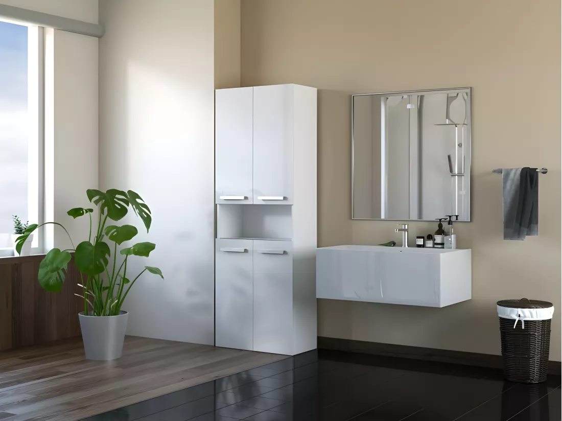 GLAZE | Armoire de salle de bain avec porte + panier | Style moderne | 174x60x30 cm | Colonne salle de bain