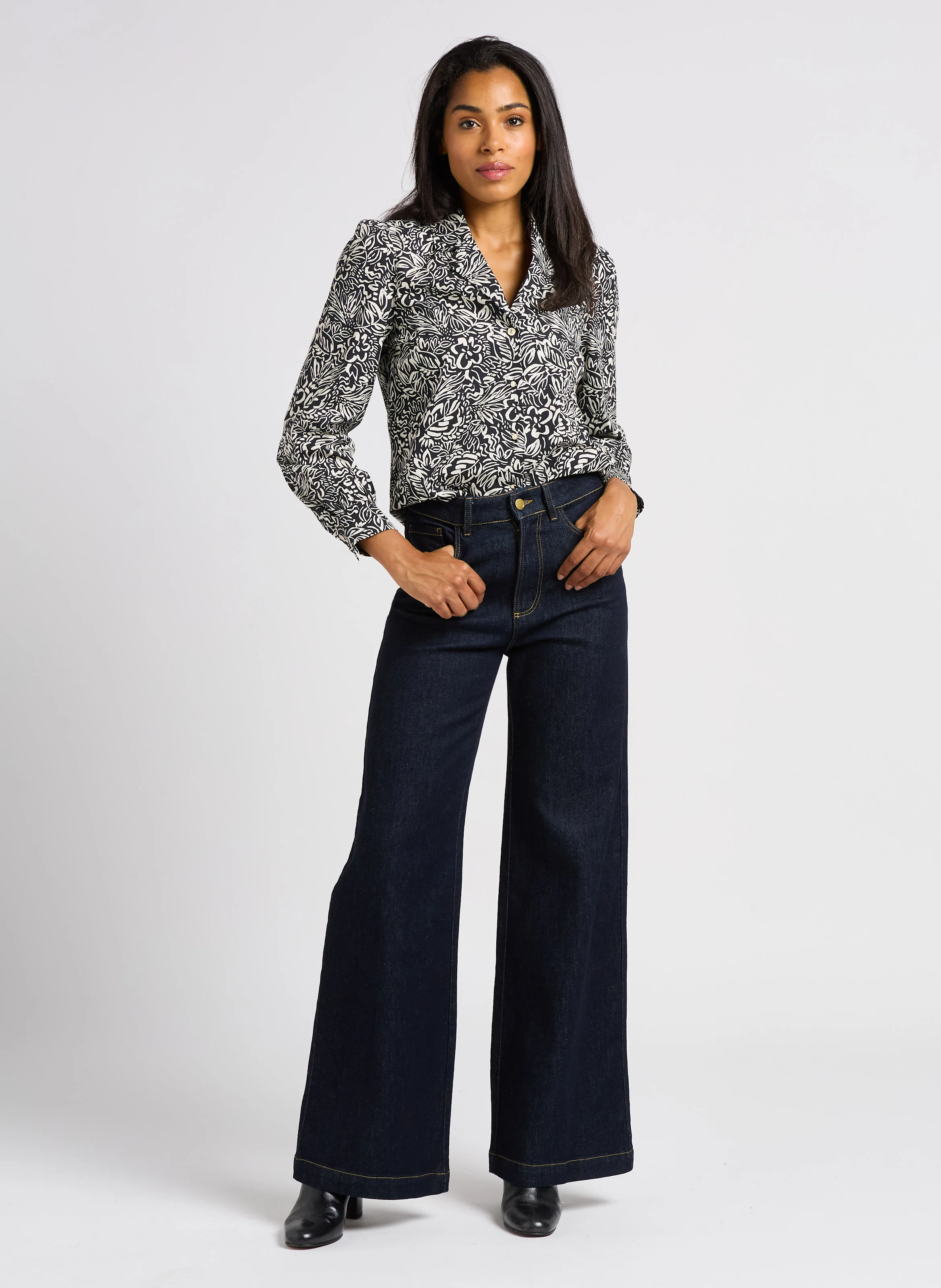 Chemise droite col tailleur en coton | Noir