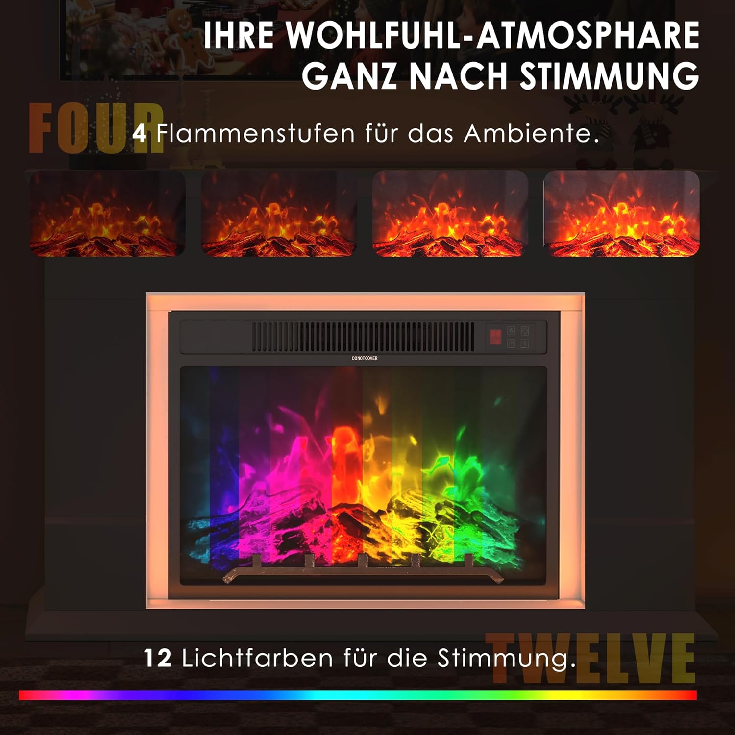 GRAVFORCE Elektrokamin 23 inch Elektrischer Kamin mit LED 3D Realistischer Flammeneffekt Erwärmungsfreistehender mit Timer und 12-Farb-LED-Lichtband und Fernbedienung Standkamin weiß