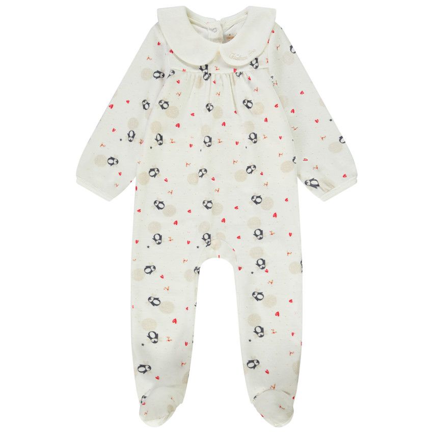 Dors-bien en velours imprimé fantaisie pour bébé fille - Ecru