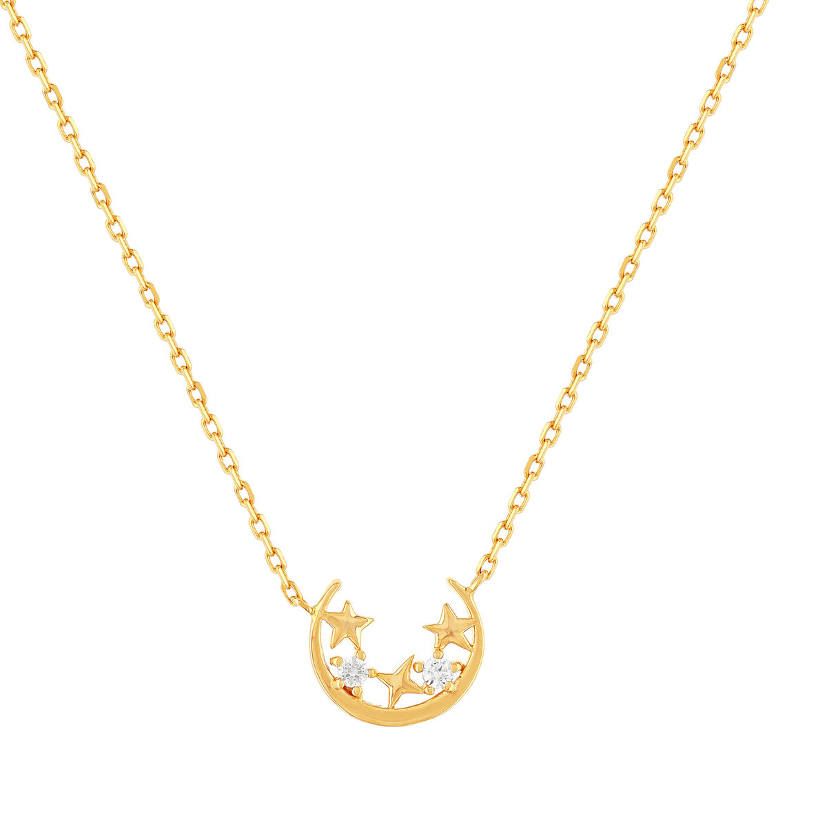 Collier plaqué or jaune, motif lune et étoiles zirconias 45 cm