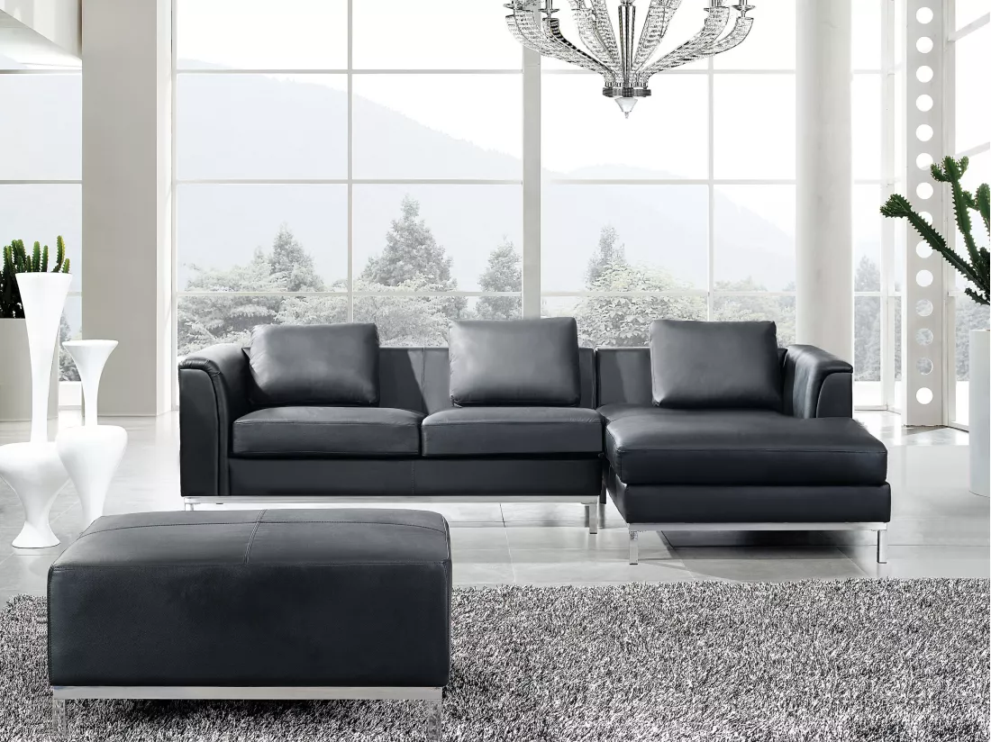 Canapé Angle à droite en Cuir Véritable Noir et Pouf Ottoman Housses Amovibles Oslo