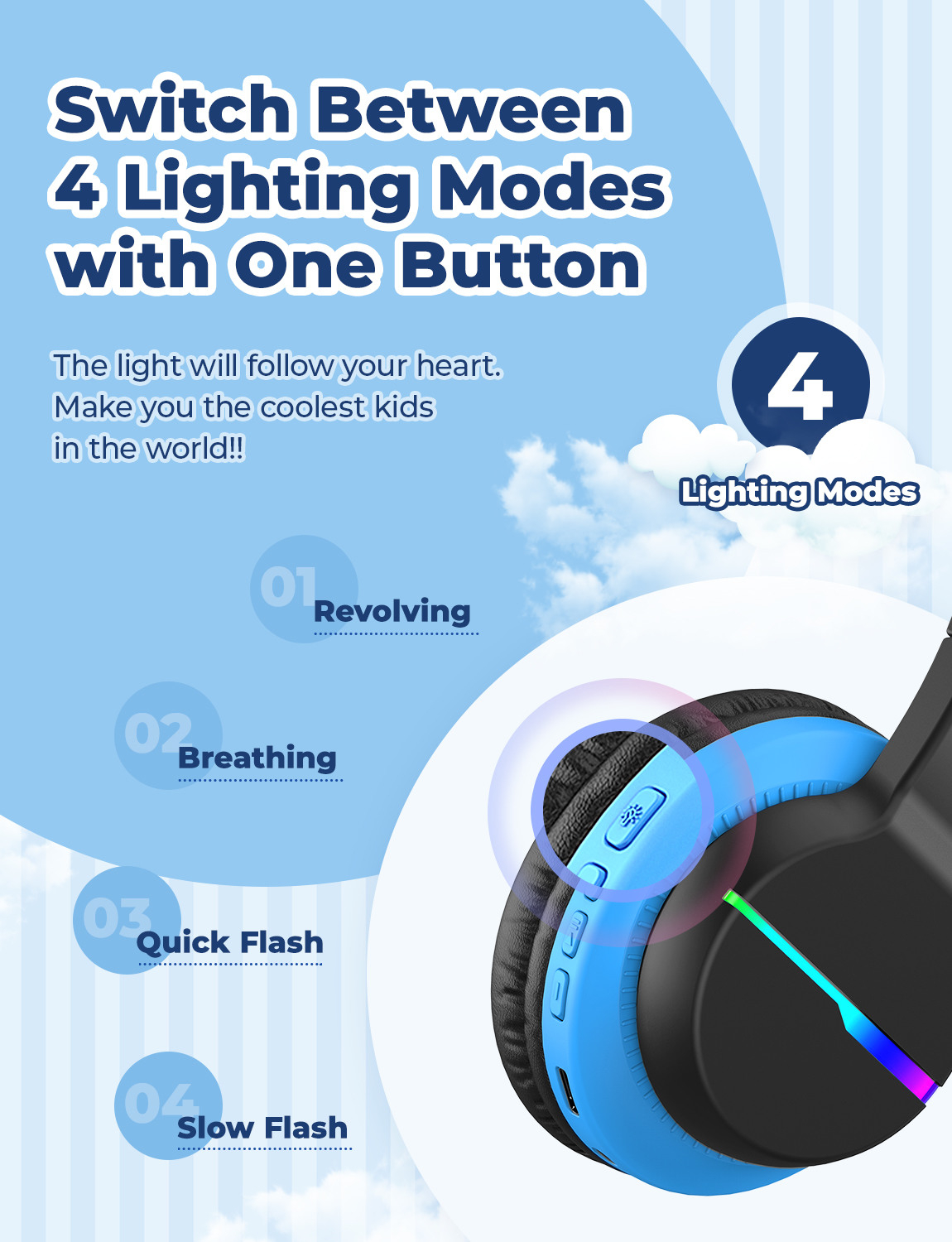 Headphone Kids BT LED Bluetooth Kopfhörer On-Ear 74/85/94dB Lautstärkeeinstellungen (C03-1702N-10) - Schwarz