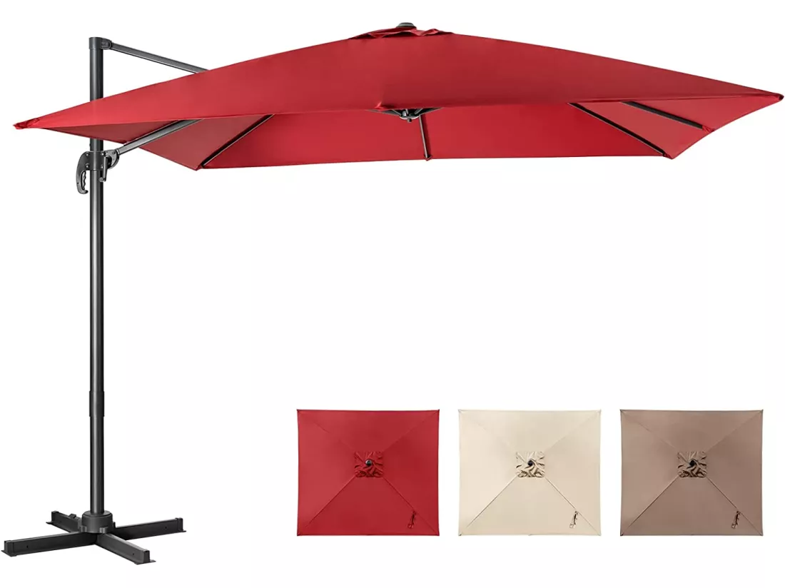 Parasol Déporté Inclinable 3x3M avec Base Croisée Rotatif à 360°,Manivelle,8 Baleines,Event pour Jardin,Terrasse,Vin-Rouge