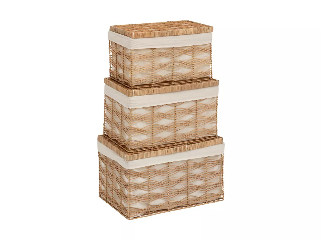Set de 3 Malles de rangement en Fer et Rotin L 59 L 55 et L 50 cm