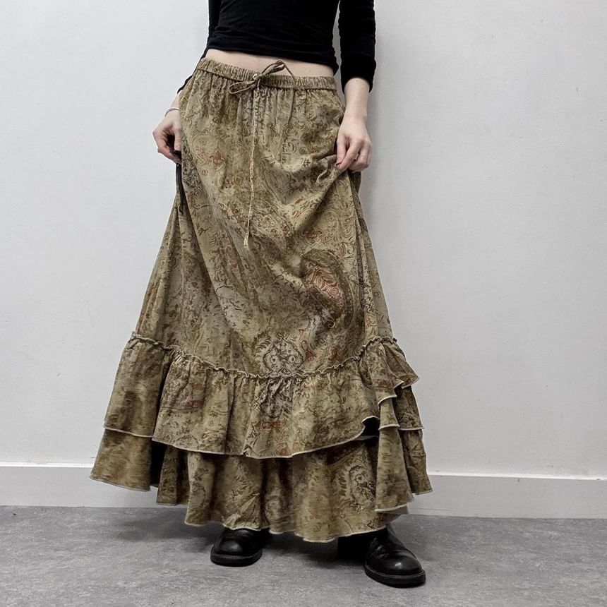 Puffie - Ronde hals, bloemenprint, volantrand, strikceintuur, open rug, camisole top / lage taille, geplooide zoom, maxi-A-lijn rok