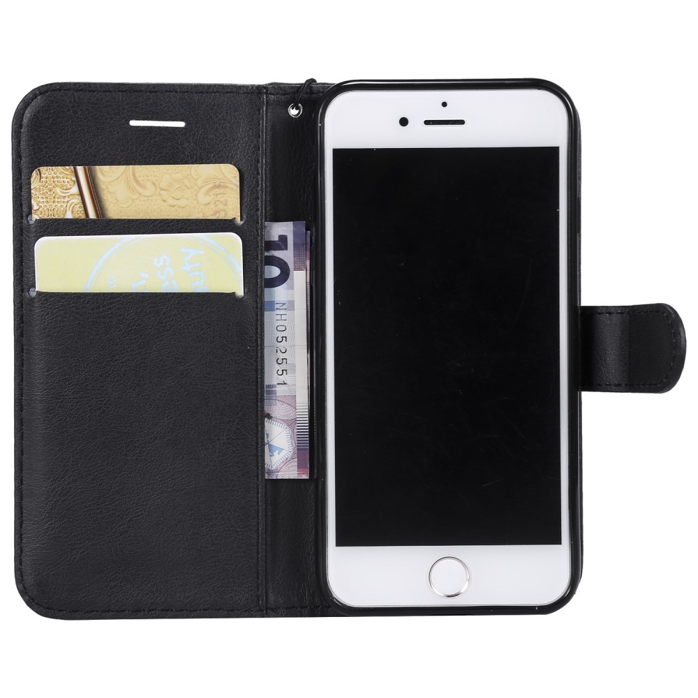 iPhone SE (2022/2020) / 8 / 7 Leder Tasche Flip Cover mit Kartenfach   Handschlaufe - Schwarz