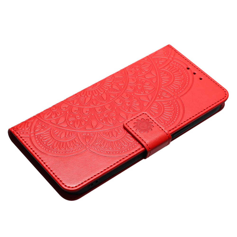 iPhone 16 Pro Leder Tasche Wallet - Mandala Flowers Imprint - Rot