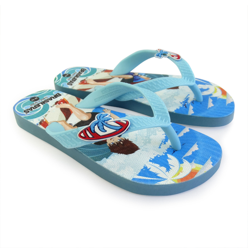Chinelo de praia brasileiro, estampado com 20 surfistas, fabricado no Brasil.