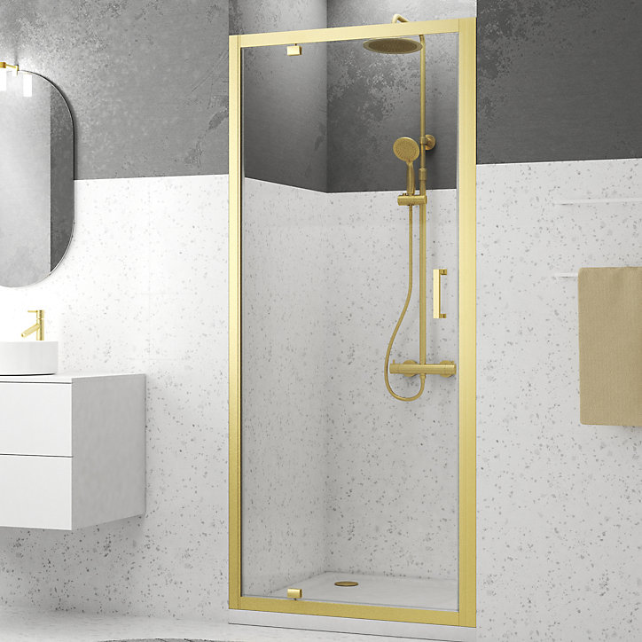 Porte de douche pivotante 90 x 200 cm, profilés alu doré brossé, Galedo Factory Gold