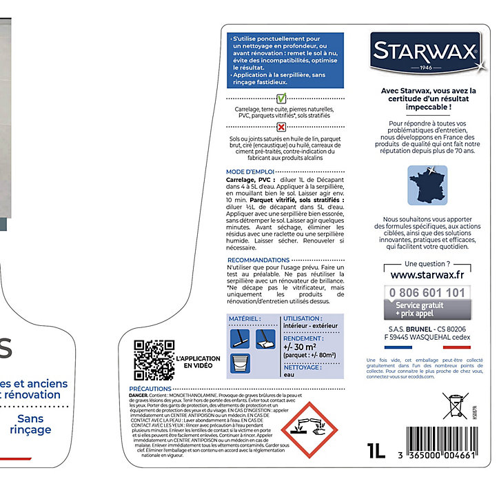 Décapant sans rinçage avant rénovation sols intérieurs Starwax 1L