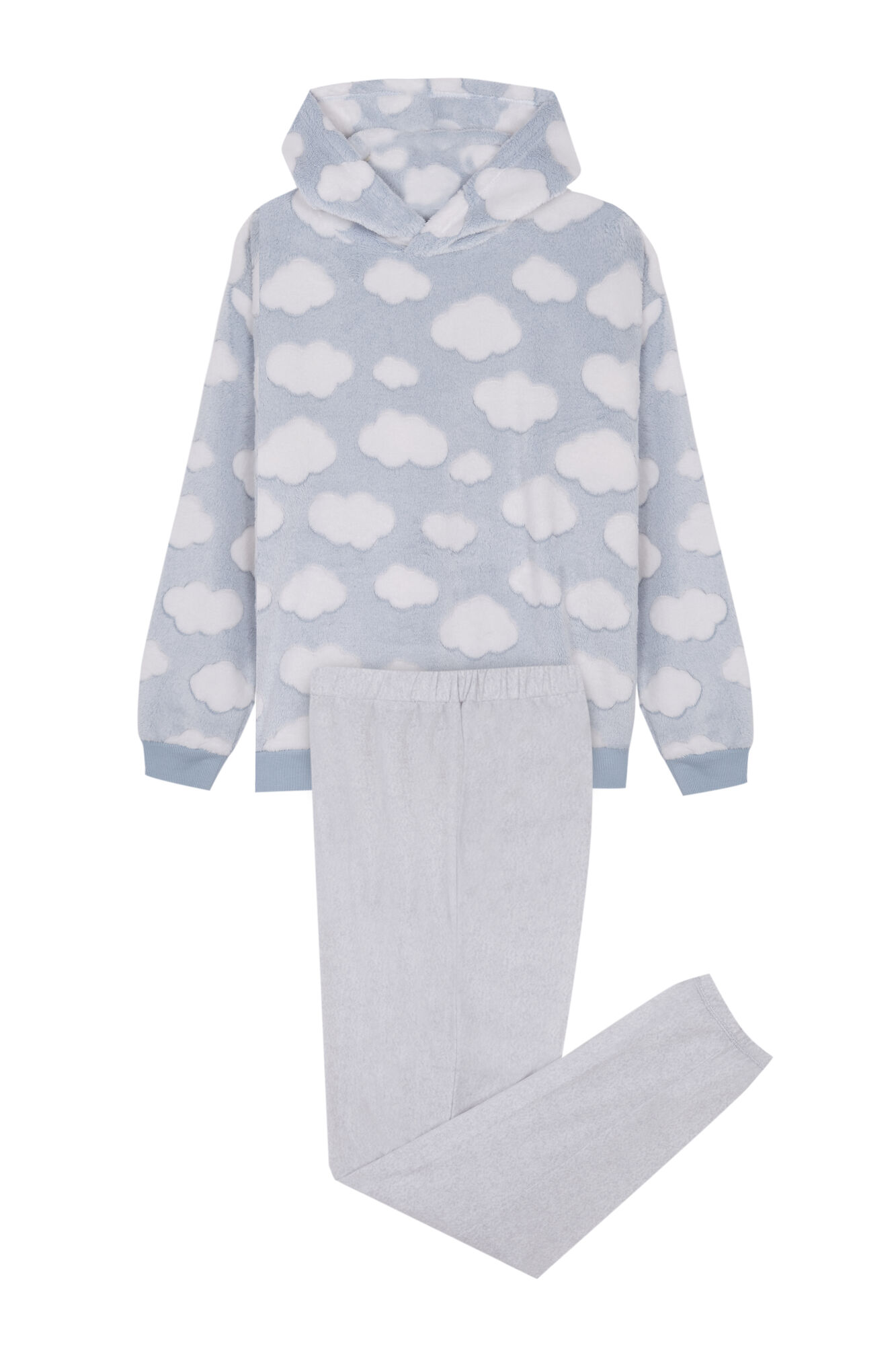 Pijama com capuz, pelúcia macia e nuvens de lã na cor azul.
