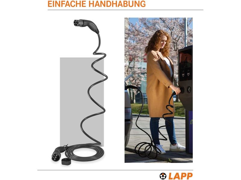 Lapp Ladekabel für Elektroauto Typ 2, 7.4kW, 32A, 5 m, Schw 3-phasiges Helix-Kabel zum Laden von Hybrid- und Elektroautos mit Typ-2-Anschluss