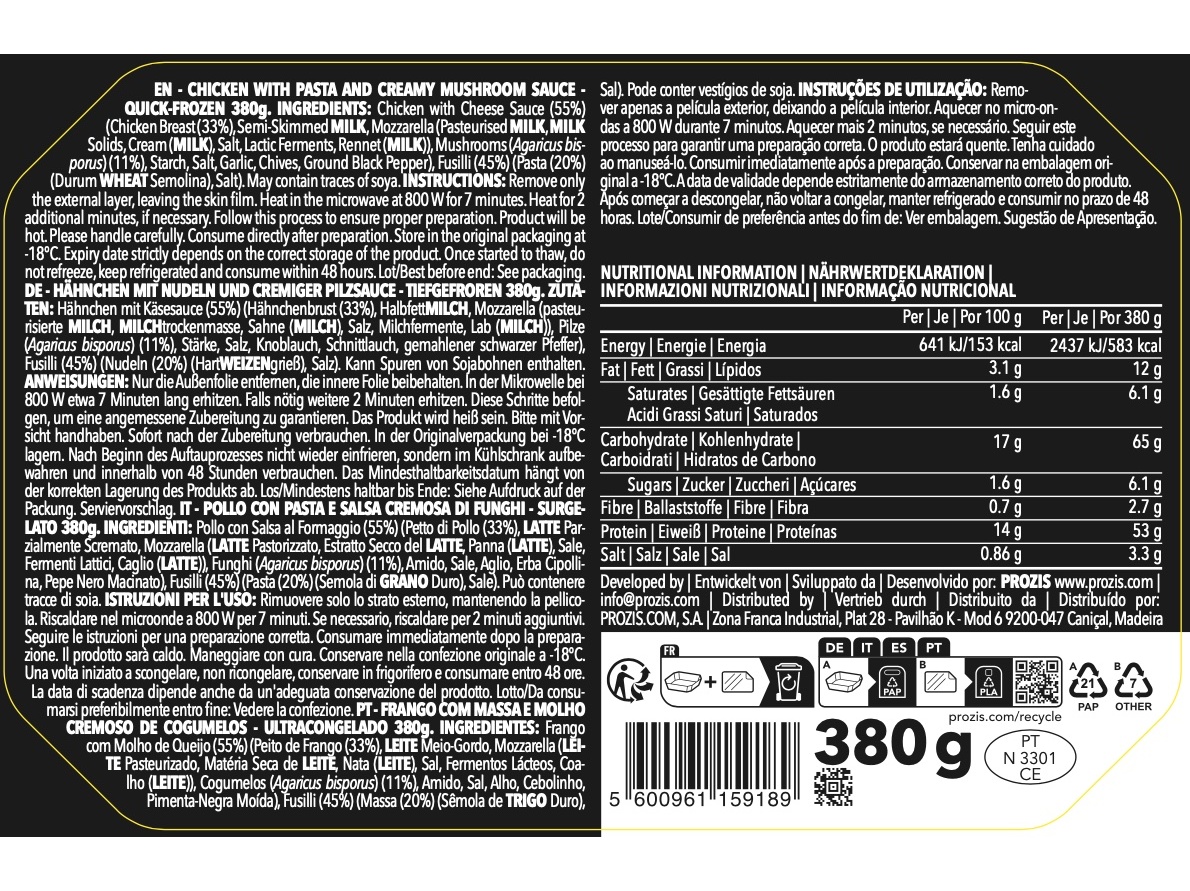 REFEIÇÕES PROTEICA PROZIS FRANGO MASSA COGUMELOS 380 G
