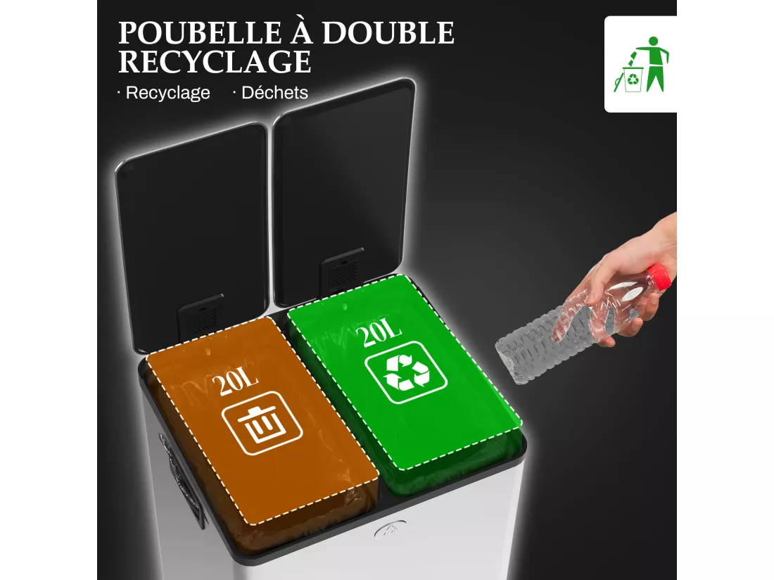 Poubelle manuelle tri selectif 2 bacs capacité totale 20L acier inox. brossé