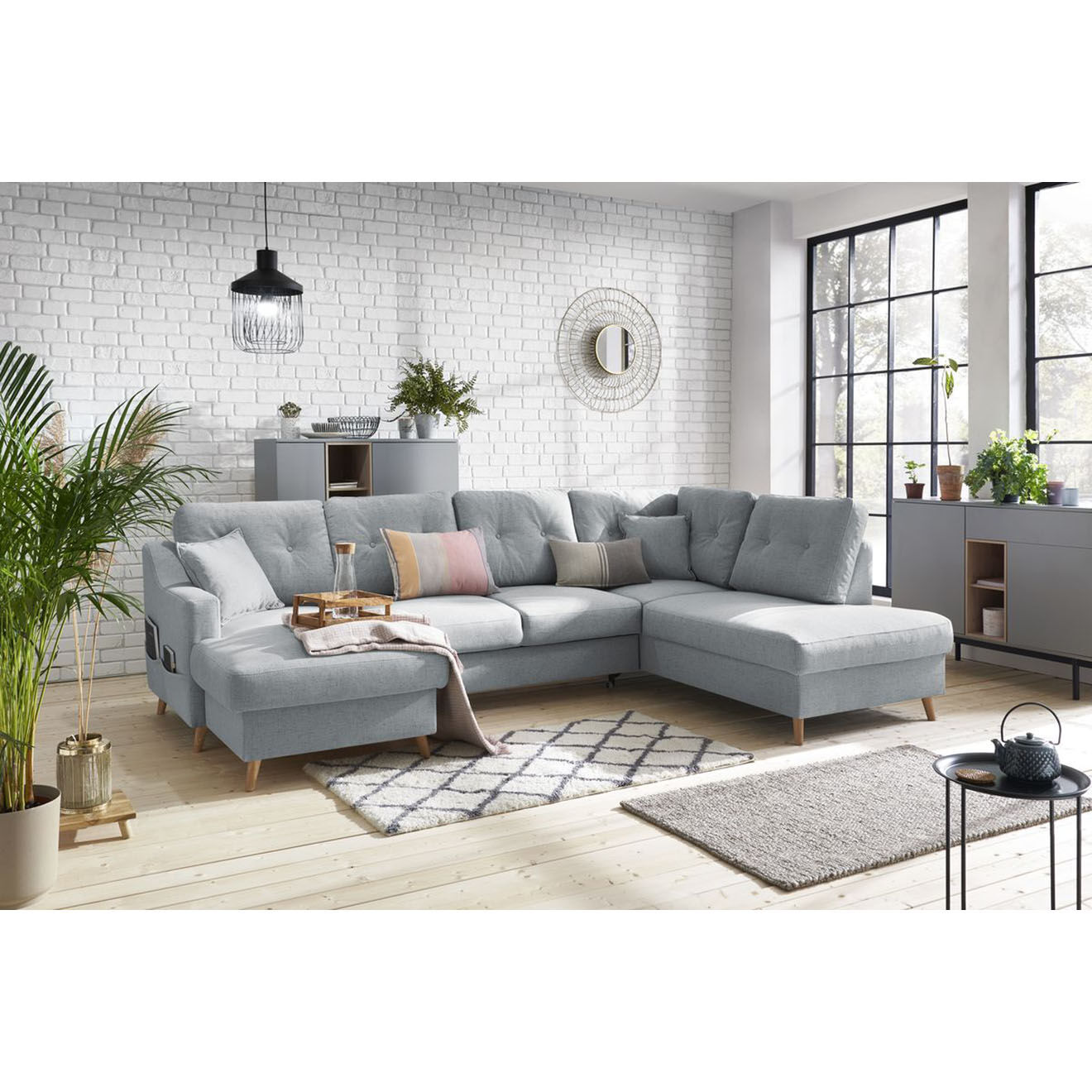 Bobochic Canapé d'angle panoramique convertible gauche Sweden gris clair - 300x149/90/198x95 cm