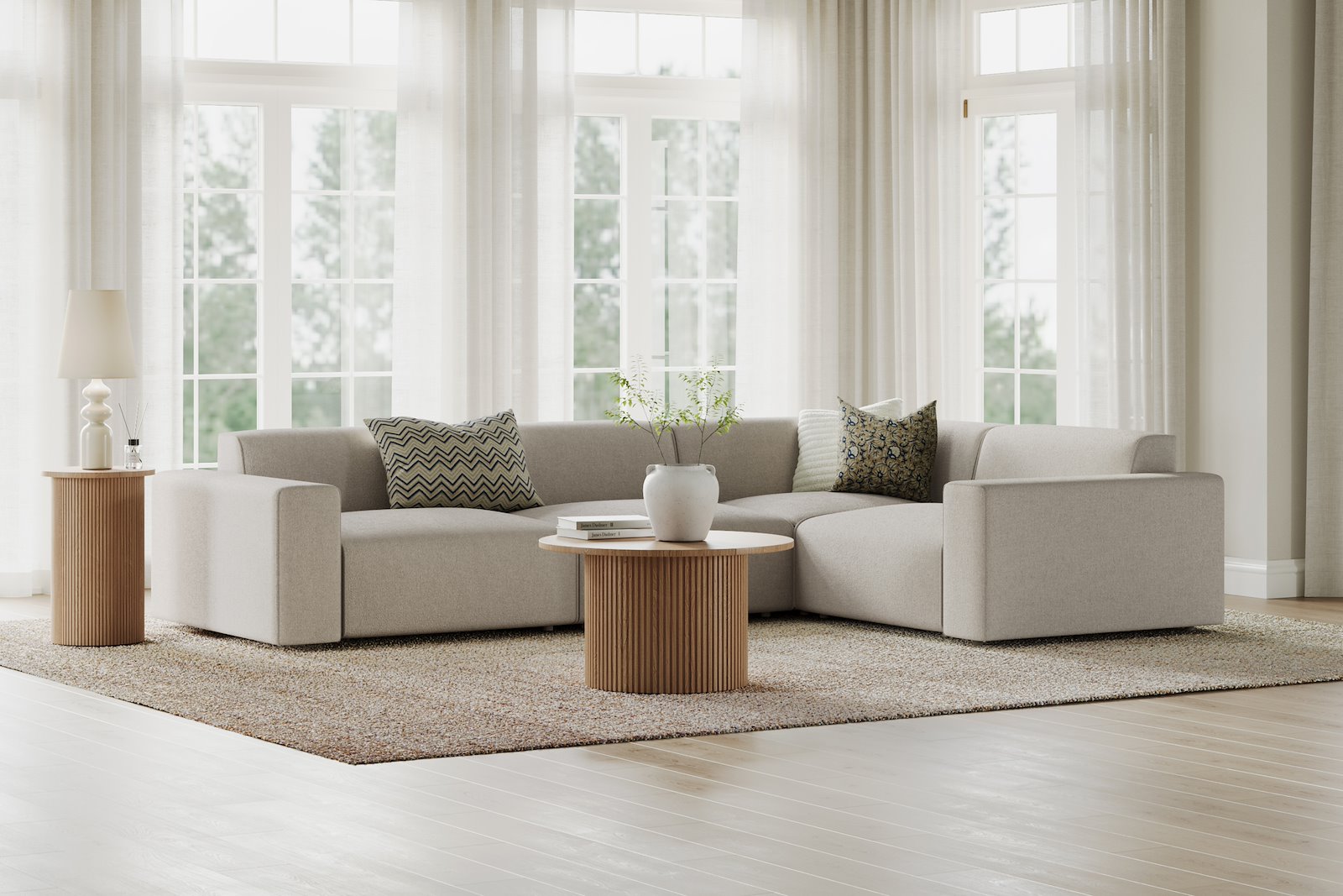 Styl hjørnesofa 3/1,5 hjørnesofa duo puter. Tekstil Lombardo 9 Cappuccino med sorte ben.