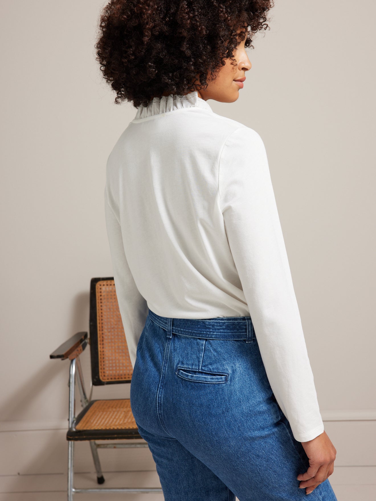 T-shirt col brodé femme coton et modal