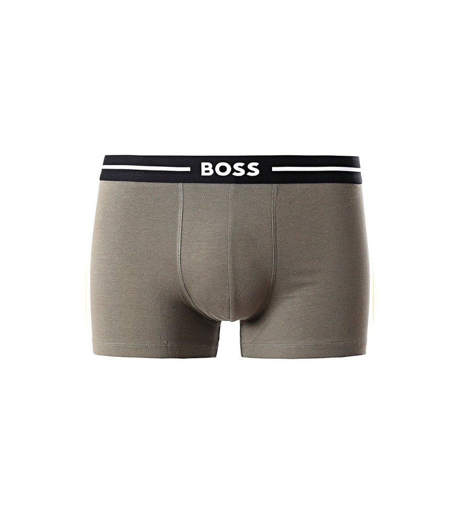 Pacote com 3 cuecas boxer BOSS Bold nas cores verde, amarela e preta.