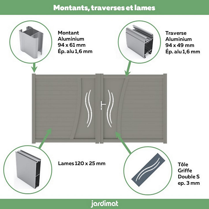 Portail Jardimat battant aluminium Emagny gris quartz - 350 x h.180 cm