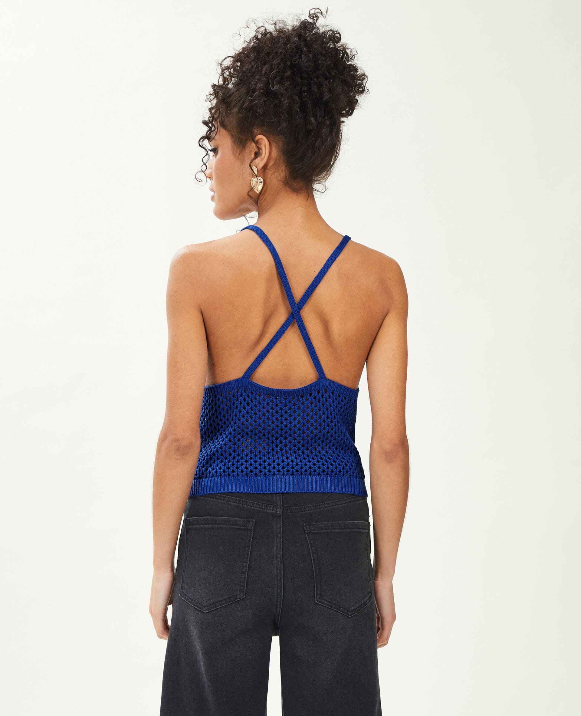 Top en maille ajourée bretelles croisées - Bleu électrique