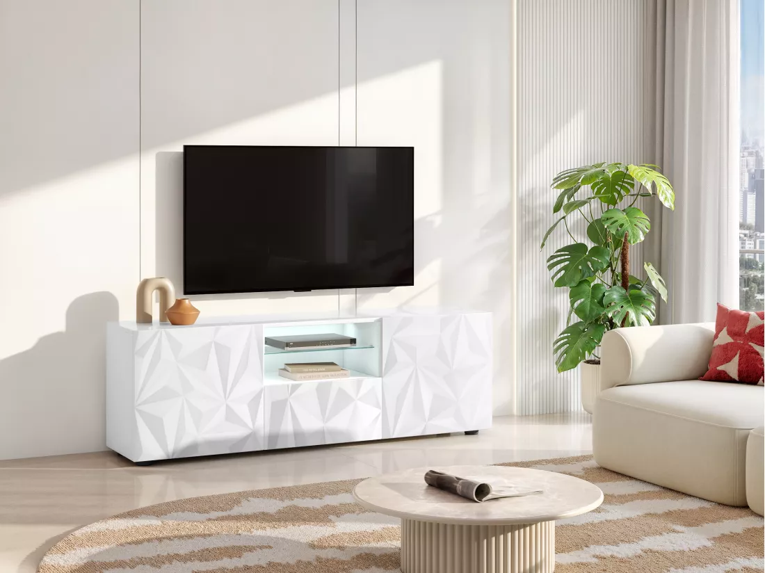 Meuble TV ERIS - LEDs - 2 portes & 1 tiroir - Blanc laqué
