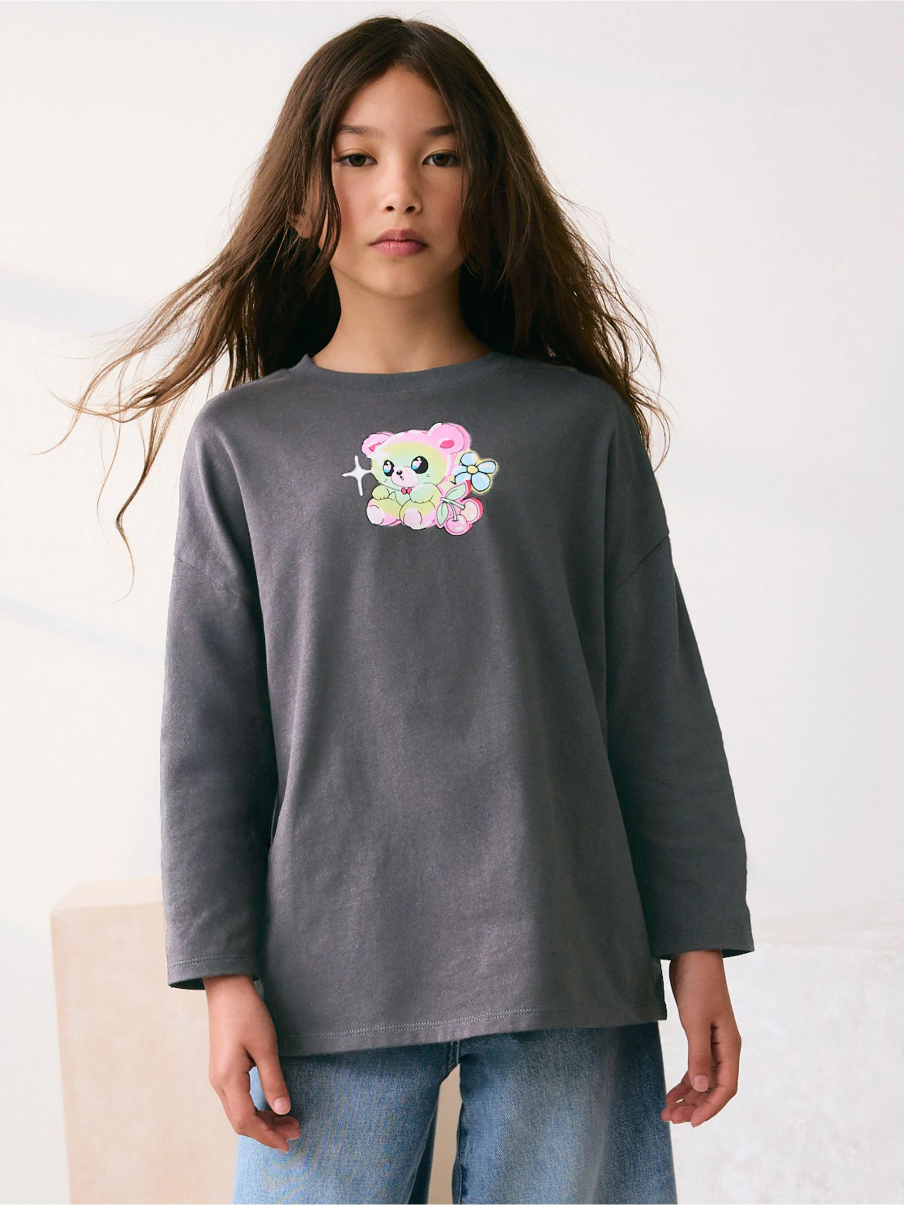 Antracietkleurig met berenprint - Top met print en lange mouwen (3-16jr)