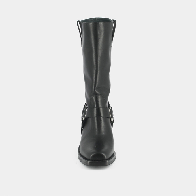 Bottes à bouts carrés et boucles argentées  en cuir noir