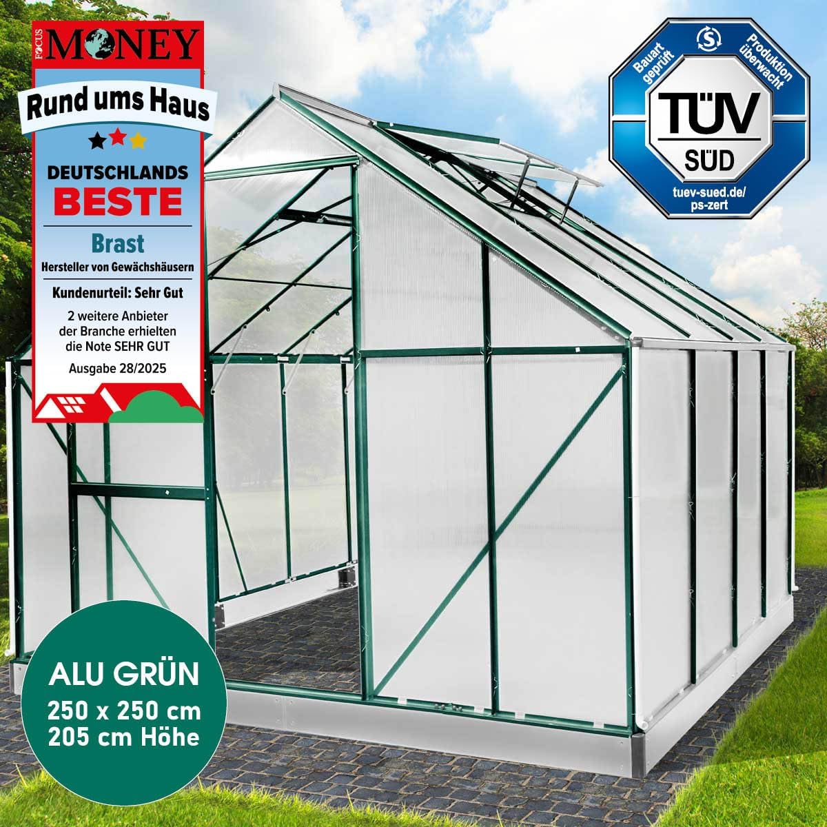 BRAST Gewächshaus Aluminium mit Fundament | 42 Modelle | 130x190x195cm - 490x250x235cm | TÜV geprüft | 6mm Hohlkammerplatten | rostfrei wetterfest temperaturbeständig | 250x250x205cm Grün