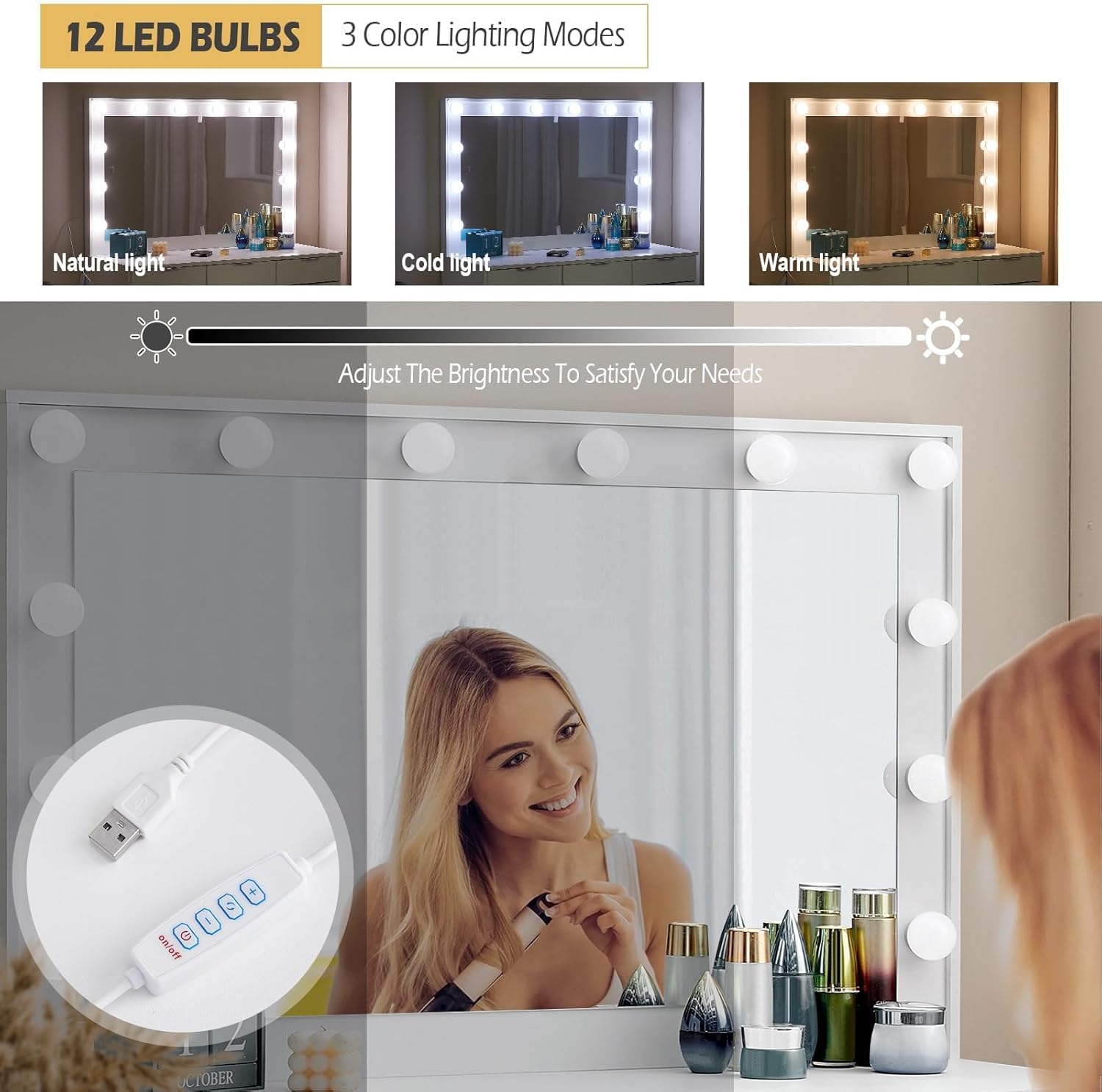 CLIPOP Große Schminktisch mit LED-Beleuchtung und Spiegel, Vanity Table, Kosmetiktisch mit 4 Schubladen und Kabinett, Frisiertisch mit Hocker für das Schlafzimmer, Weiß