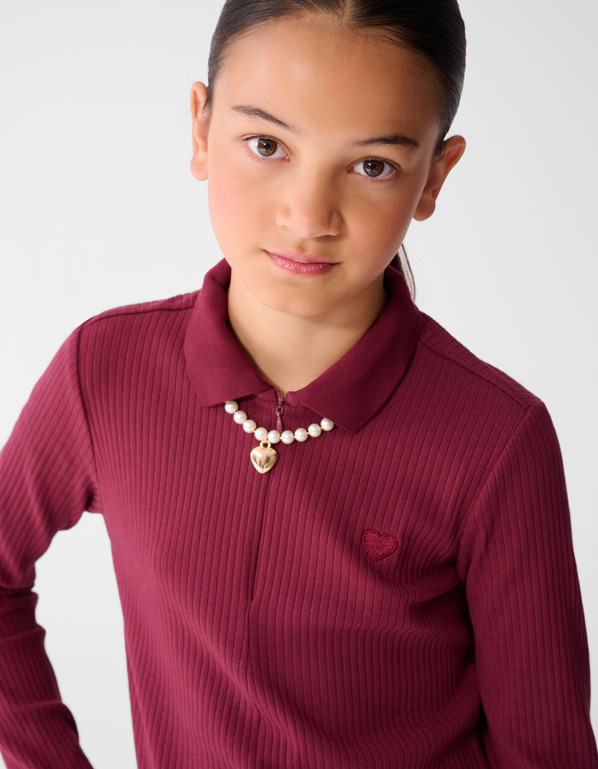 Collar Zip Longsleeve Top Donkerrood