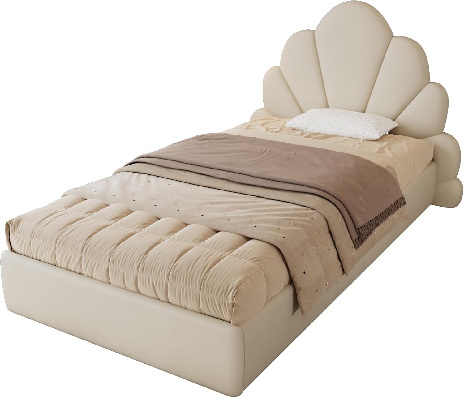 I0I&I0I Einzelbett Polsterbett Samt Beige, Kinderbett Jugendbett mit Kopfteil Blütenblätter, Stabiler Lattenrost, Metallrahmen, Modern Stilvoll rutschfest Einfacher Aufbau (90x200cm)