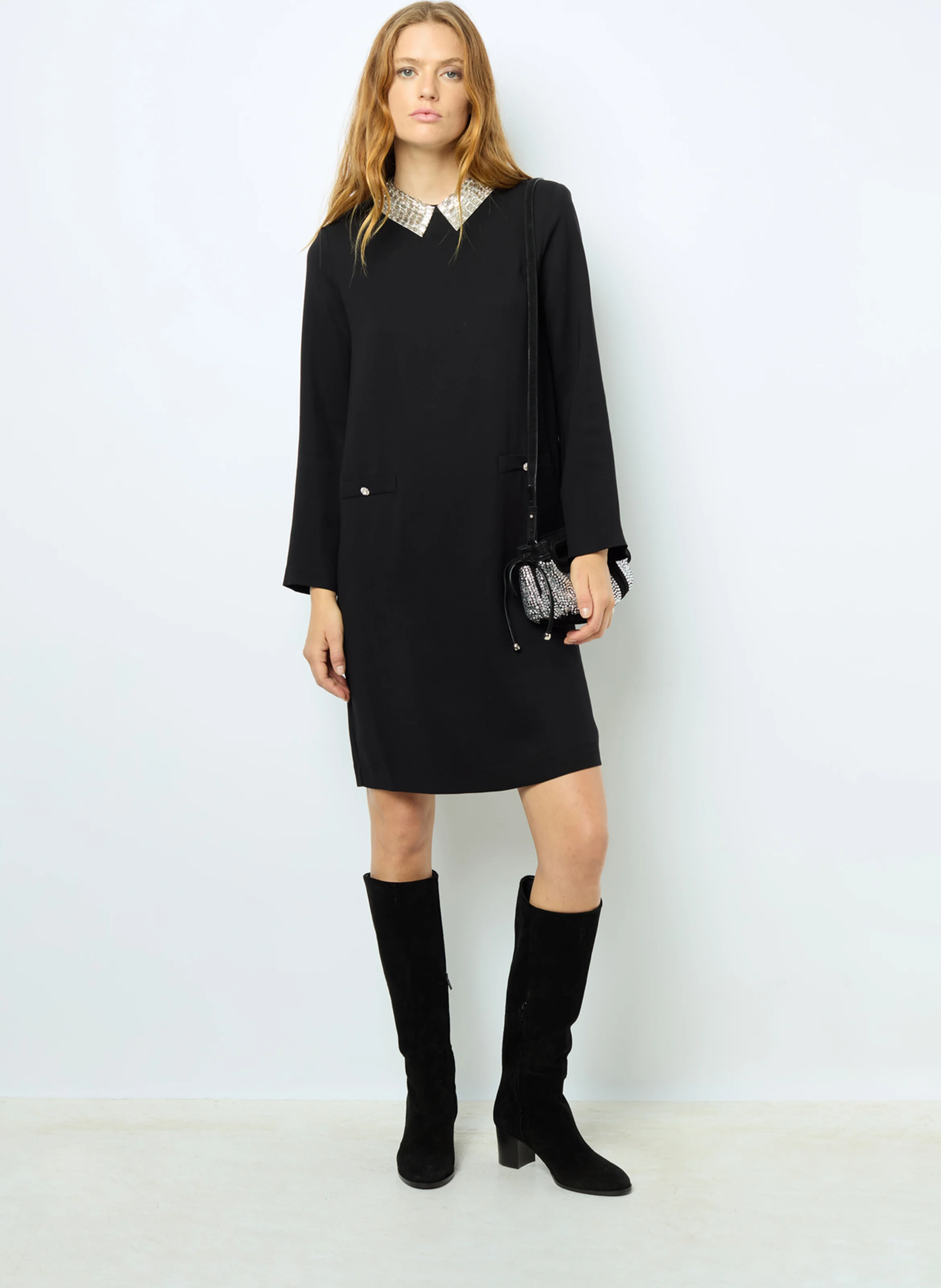 SYLVINE - Robe droite col classique| Noir