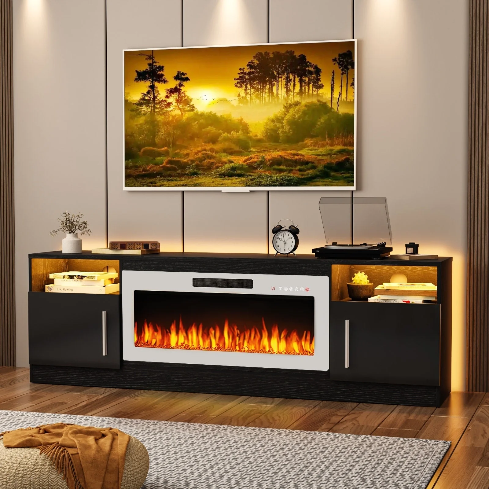 Bossin 70 Fireplace TV Stand with 36 Electric Fireplace, TV Stand for TVs Up to 80, 16 Colors LED Lights/Entertainment Center