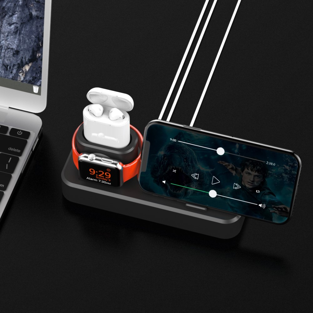 3in1 Silikon Ladeständer Charger Base Kabel Halterung für iPhone / AirPods / Apple Watch - Schwarz