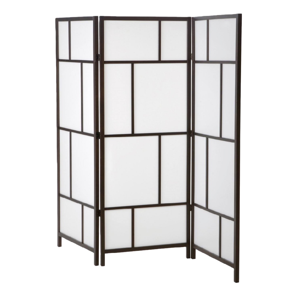 Paravent pliant japonais à 3 panneaux – bois brun et papier blanc – 170 x 135 cm