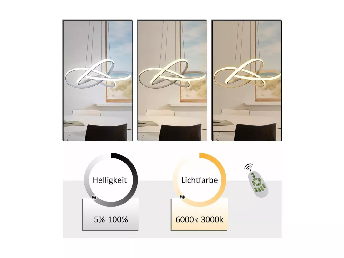 NETTLIFE Suspension LED Métal Blanc Diam.58cm 62W Anneaux Modernes Salon Dimmable avec Télécommande Éclairage Intérieur Réglable en Hauteur Lampe