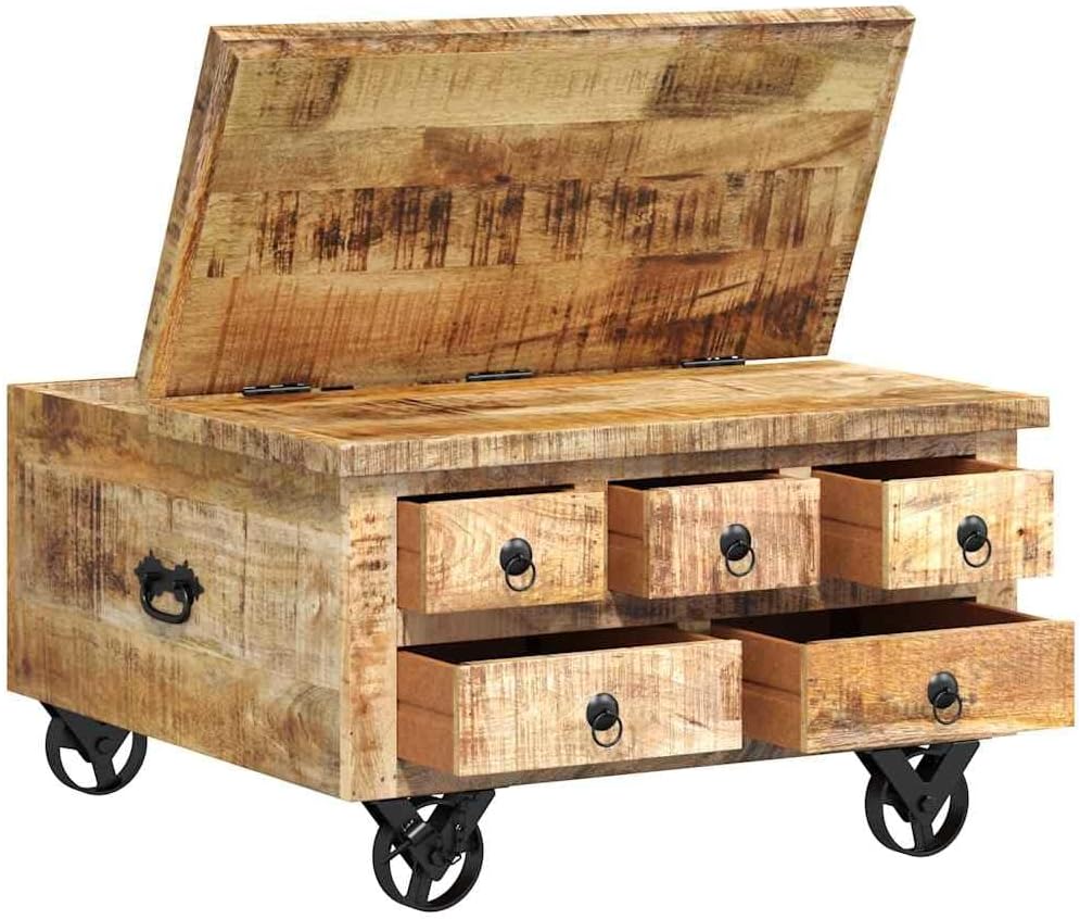 vidaXL Raues Mangoholz Couchtisch mit 5 Schubladen 1 Staufach Vintage Beistelltisch Wohnzimmertisch Kaffeetisch Sofatisch 70x70x40cm